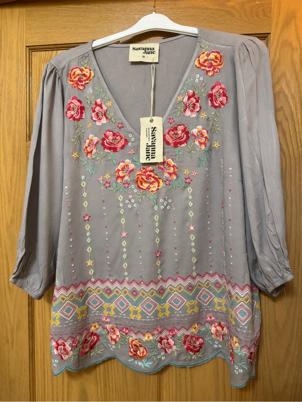 Savanna Jane Gray Lavender V-Neck Tunic with Pink & Yellow Floral Embroidery